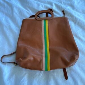 Clare V Brown Backpack with Green and Yellow Stripes